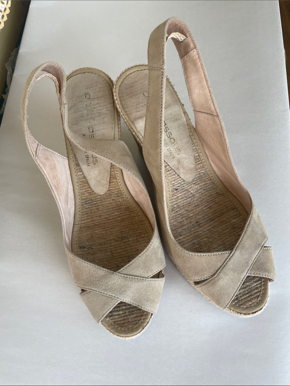 Andre Assous Taupe Suede Crisscross Slingback Wedge Sandals